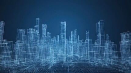 Obraz premium Futuristic wireframe cityscape blueprint in digital blue, depicting a conceptual skyline with modern architectural elements.