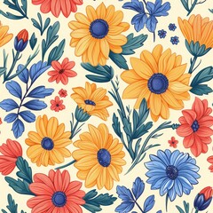 Seamless pattern with colorful flowers and leaves. illustration.