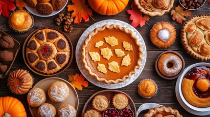 A table full of food with a pumpkin pie in the center. The table is covered with various types of pies, cakes, and pastries