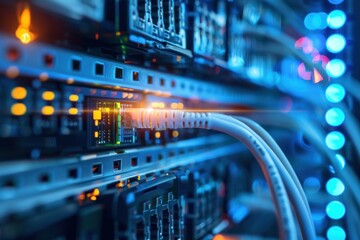 Naklejka premium Close-up of a Data Server with Network Cables