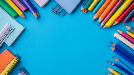 Fototapeta premium School supplies, like pencils, pens, and notebooks, are neatly arranged on a red backdrop, leaving room for your words or ideas.