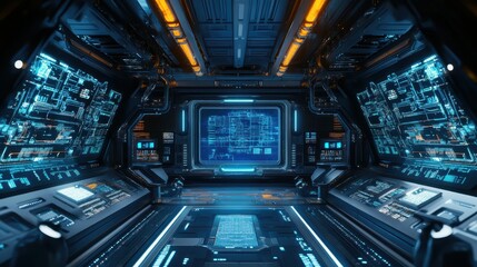 Obraz premium Futuristic control room with advanced technology, glowing screens, and detailed panels in a high-tech spaceship or sci-fi environment.
