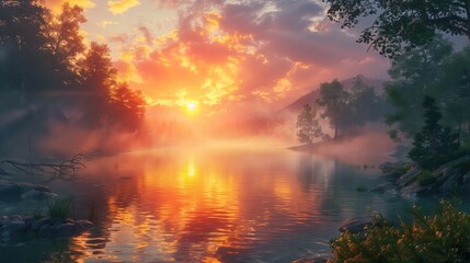Fototapeta premium Sunrise on a large mountain lake surrounded by trees and fog.