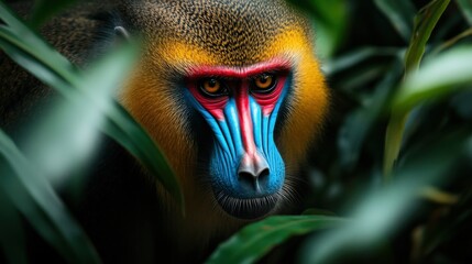 A colorful monkey with a red, yellow and blue face is looking at the camera. The image has a vibrant and lively mood, with the bright colors of the monkey's face