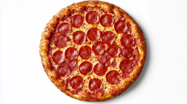 A pepperoni pizza is shown from above on a white background.