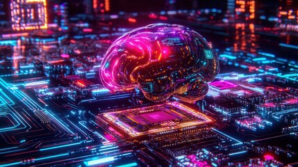 A stunning digital brain set against a vibrant circuit board, showcasing a fusion of technology and creativity.