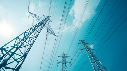 Power lines against a clear blue sky, representing energy and technology.