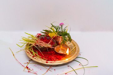 Tika Thali Dashain Hindu Festival Celebration Durga Puja with kalash, diya, vemillion rice, jamara