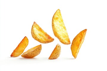 Fototapeta premium Falling fried Potato wedges, isolated on white background, full depth of field , ai