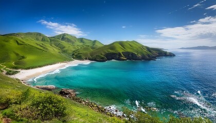 Fototapeta premium A charming, quiet bay with calm, turquoise water, surrounded by lush green hills and gentle, rolling waves lapping against the shore.