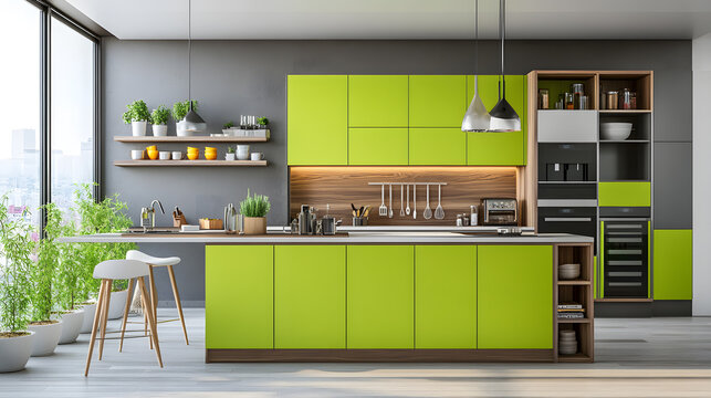 Modern kitchen with green cabinets and herb garden. - Powered by Adobe