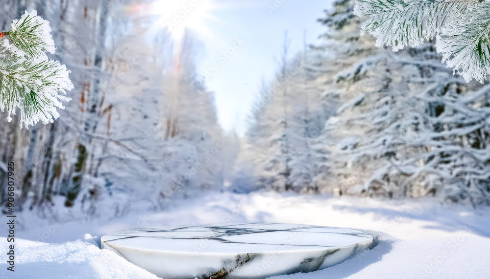 Poster Marble podium in snowy winter forest