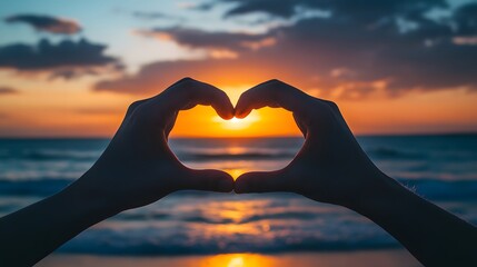 Heart Shape Hand Gesture: Two hands forming a heart shape with a sunset beach scene in the background.
