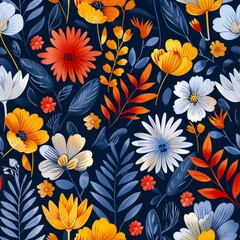 Fototapeta premium Seamless pattern with flowers and leaves on dark blue background.