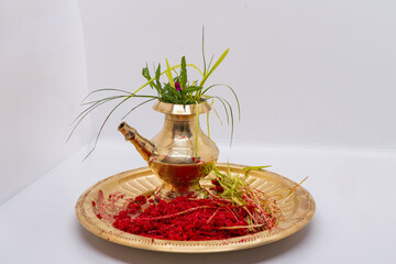 Tika Thali Dashain Hindu Festival Celebration Durga Puja with kalash, diya, vemillion rice, jamara