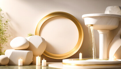 Elegant Minimalist Spa Scene with Golden Frame and Water Fountain