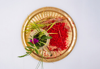 Tika Thali Dashain Hindu Festival Celebration Durga Puja with kalash, diya, vemillion rice, jamara