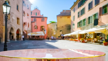 Obraz premium Empty pink table top in a european city square