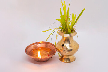 Barley Grass Seeds Jamara on a Leaf Bowl Plates for Hindu Dashain Dusshera Festival