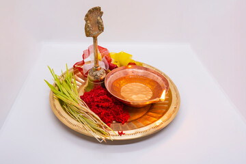 Tika Thali Dashain Hindu Festival Celebration Durga Puja with kalash, diya, vemillion rice, jamara