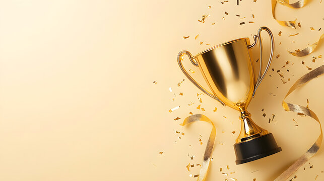 Golden trophy with confetti on a light background.