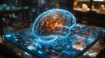 A holographic brain visualization illuminates a dark laboratory, showcasing advanced technology and research concepts in action.