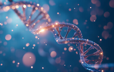 3D rendering of a DNA double helix on a blue background with bokeh lights. A scientific and biotechnology concept in the style of pink color, Generative AI