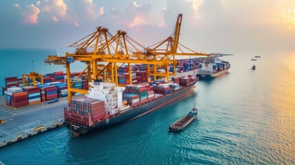Fototapeta premium Container Ship at Sunset at a Busy Port