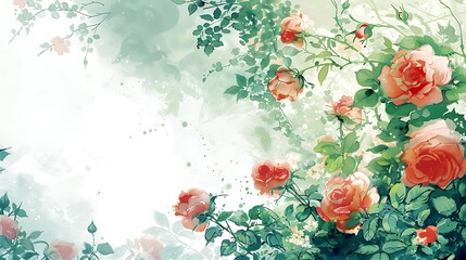 Watercolor Floral Frame, Roses, Blush and Green