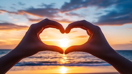 Heart Shape Hand Gesture: Two hands forming a heart shape with a sunset beach scene in the background.
