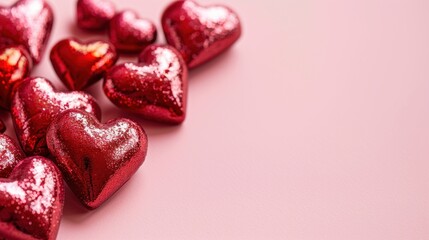 Red hearts on a pink background with copy space