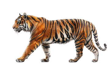 Obraz premium A majestic tiger walking gracefully, showcasing its striking orange fur and bold black stripes, symbol of strength and beauty.