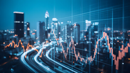Financial data charts overlaying a cityscape at night