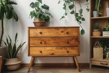 American retro-style chest of drawers in a hallway, natural wood color, against white walls with...