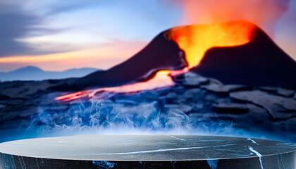 Black Marble Platform With Erupting Volcano In The Background