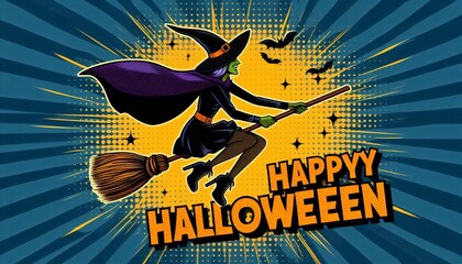 Halloween greeting card funny witch broomstick humor pop art lighthearted cartoon celebration grammatical error