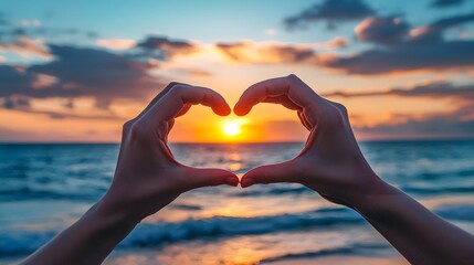 Heart Shape Hand Gesture: Two hands forming a heart shape with a sunset beach scene in the background.
