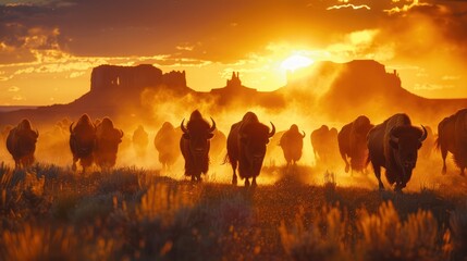 Naklejka premium A herd of bison moves gracefully through a golden landscape at sunset, creating a stunning natural scene filled with warm hues.