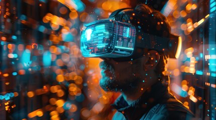 A person immersed in a virtual reality experience, surrounded by vibrant lights and digital elements, showcasing futuristic technology.