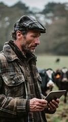 Fototapeta premium A thoughtful farmer using a tablet in a rural field, surrounded by cows, blending tradition with modern technology.