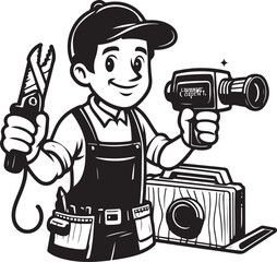 A man running funny comic Cartoon character black and white line art silhouette on white background