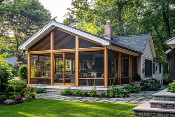 Classic New England home with large screen porch, light wood and white trim contrasting with grey shingle roof, surrounded by lush greenery, stone floor, inviting outdoor living area