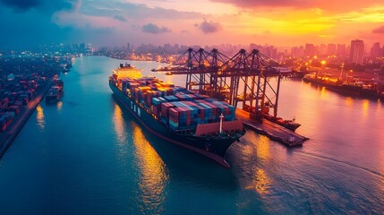 Fototapeta premium Aerial View of Container Port at Sunset Reflecting Global Trade and Financial Management Strategies