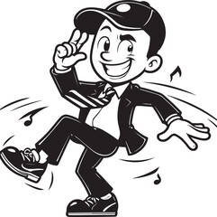 A man running funny comic Cartoon character black and white line art silhouette on white background
