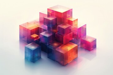 A contemporary cluster of colorful translucent cubes on a plain surface, exhibiting varying sizes and depths, with an interplay of vibrant hues and light reflections