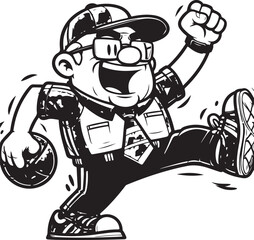 A man running funny comic Cartoon character black and white line art silhouette on white background