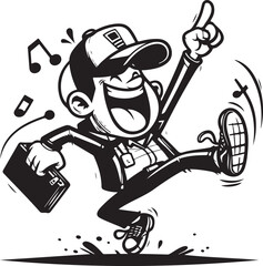 A man running funny comic Cartoon character black and white line art silhouette on white background