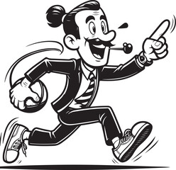 A man running funny comic Cartoon character black and white line art silhouette on white background