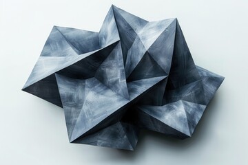 Abstract angular shapes form sharp geometric mountain peaks, illustrating the fusion of natural elements with modern art, marked by its striking and bold design