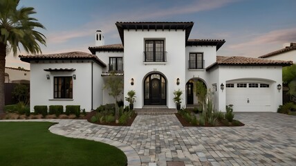 Elegant Mediterranean Style Home With Lush Landscaping at Sunset in a Suburban Neighborhood